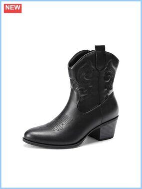 Faux Leather Western Cowboy Ankle Booties with Embroidery & Chunky Heel